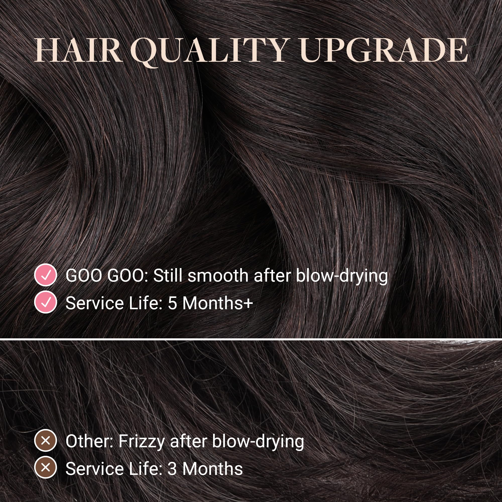 GOO GOO Remy Human Hair Extensions close up view displaying the silky straight texture and thick ends