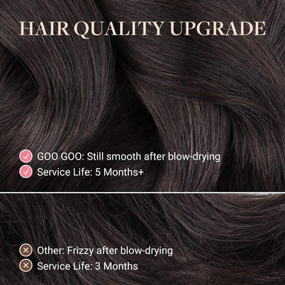 GOO GOO Remy Human Hair Extensions close up view displaying the silky straight texture and thick ends