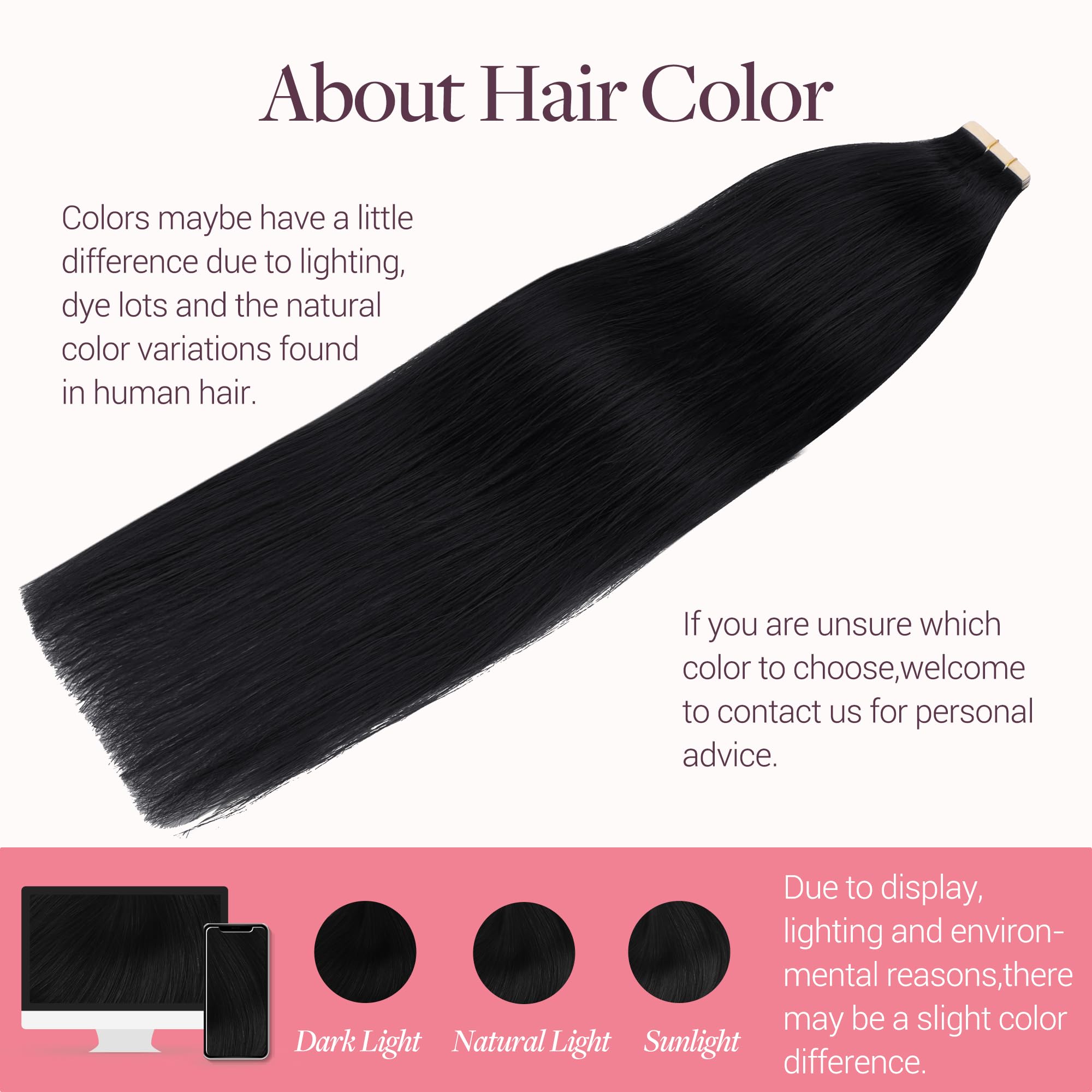 GOO GOO Jet Black Hair Extensions showing the waterproof and hypoallergenic adhesive tape top tab
