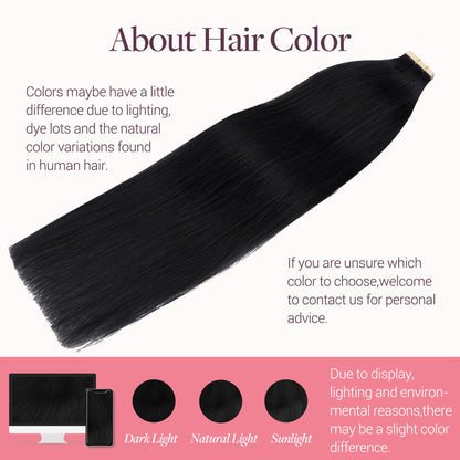 GOO GOO Jet Black Hair Extensions showing the waterproof and hypoallergenic adhesive tape top tab