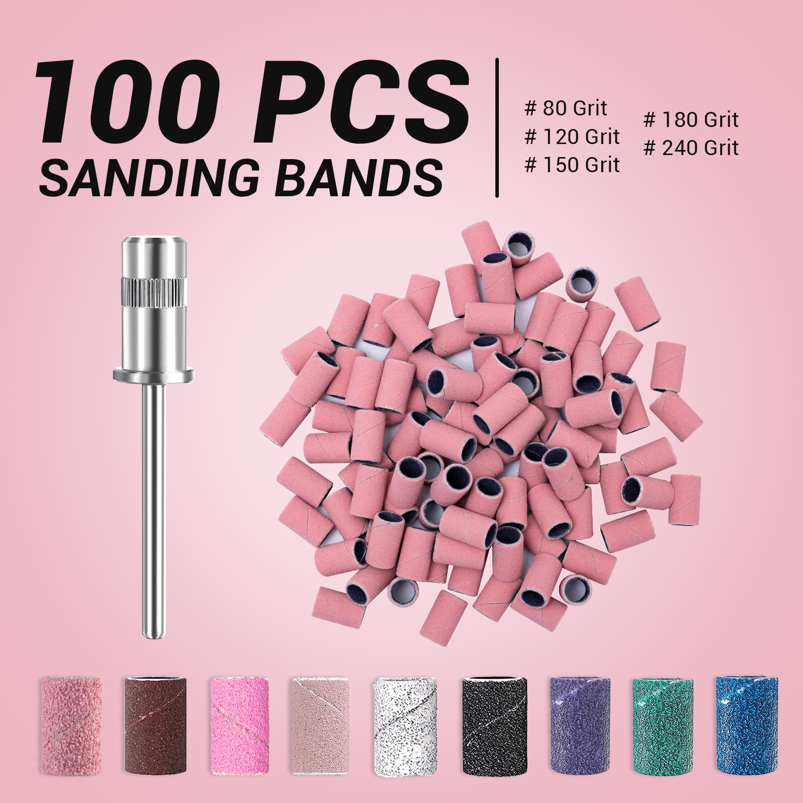 Close up view of pink 180 fine grit sanding bands