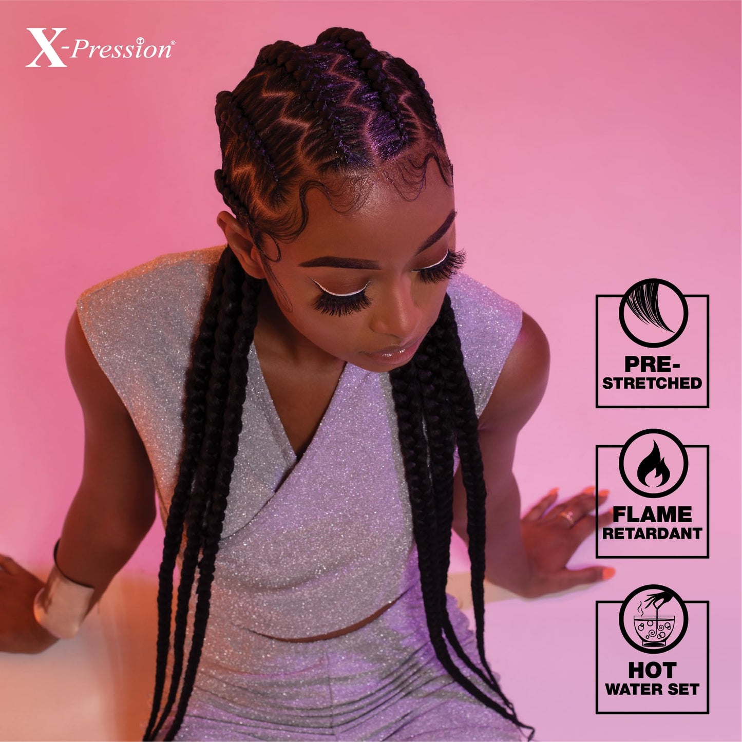 Authentic USA imported 3X bundle pack of long black synthetic extensions laid out flat to display the full 58 inch length.