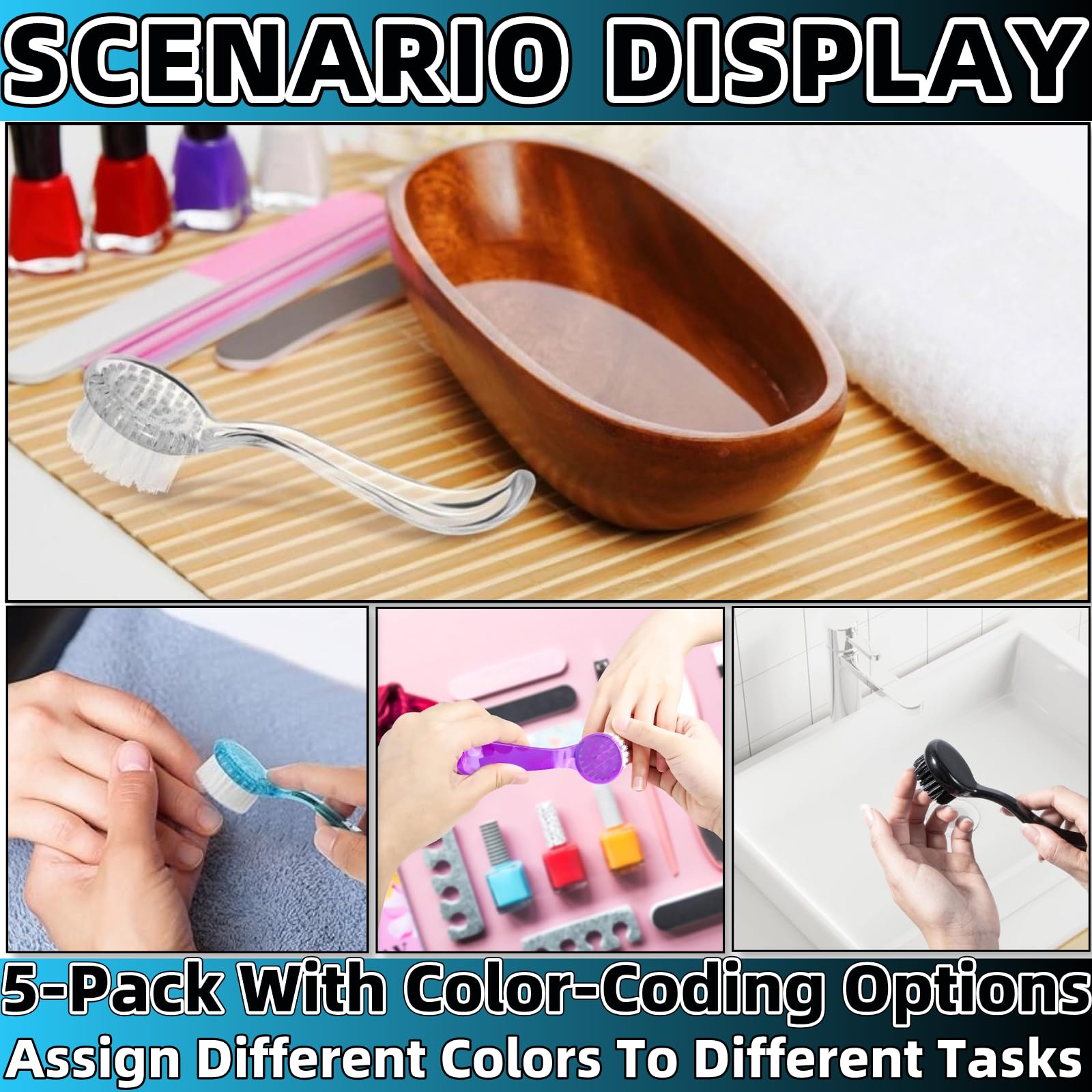 Multicolor nail cleaning brushes for pedicure and manicure