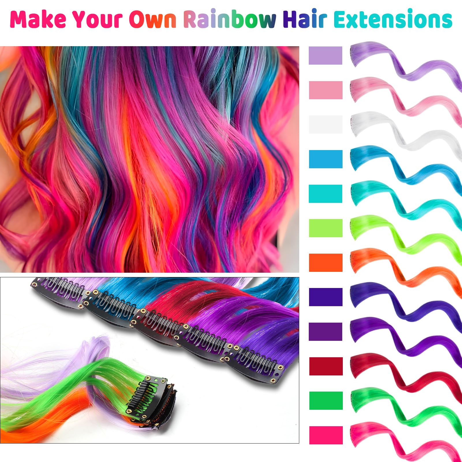 Close up view of the secure clip in mechanism on the curly wavy neon party highlights hair accessory.