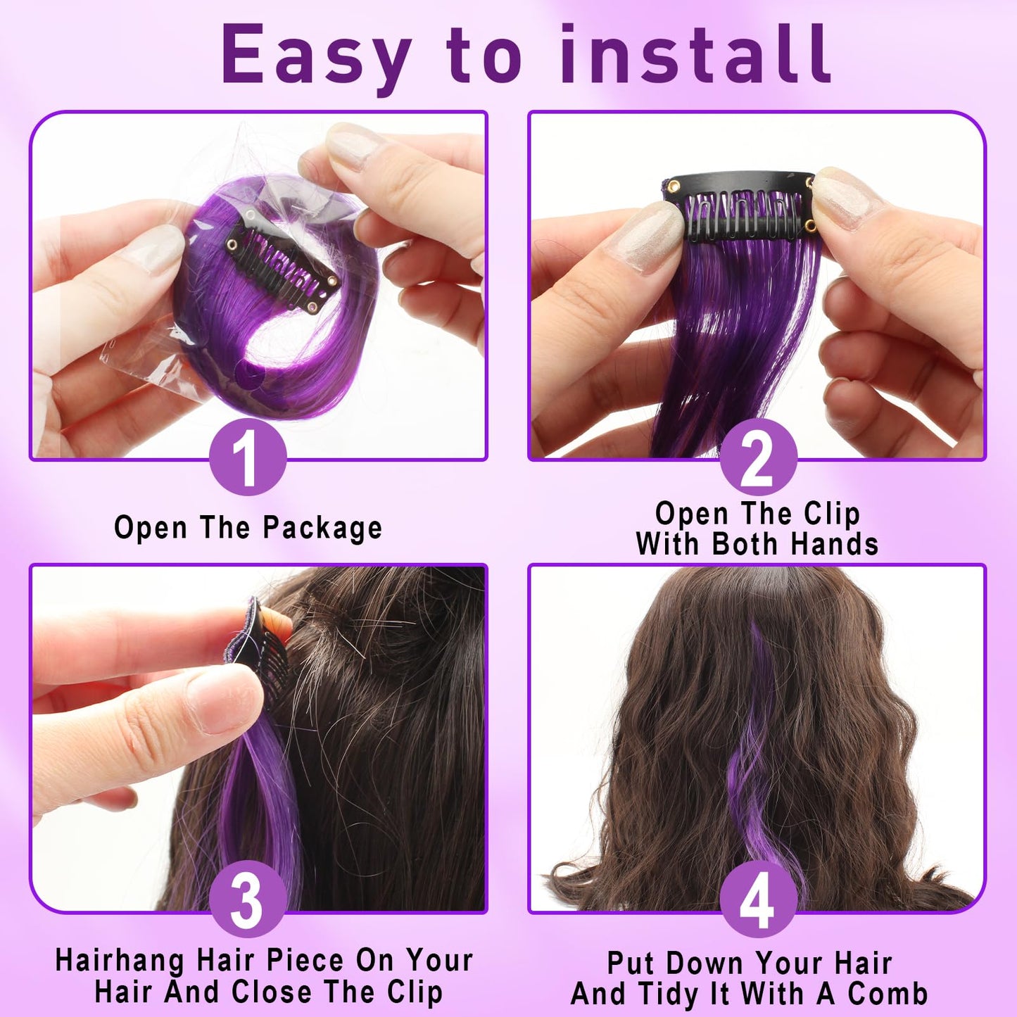 Demonstration of how to easily attach the heat resistant clip in colored extension to natural hair.