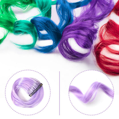 Back view of a complete hairstyle featuring blended curly wavy multi color rainbow highlight extensions.