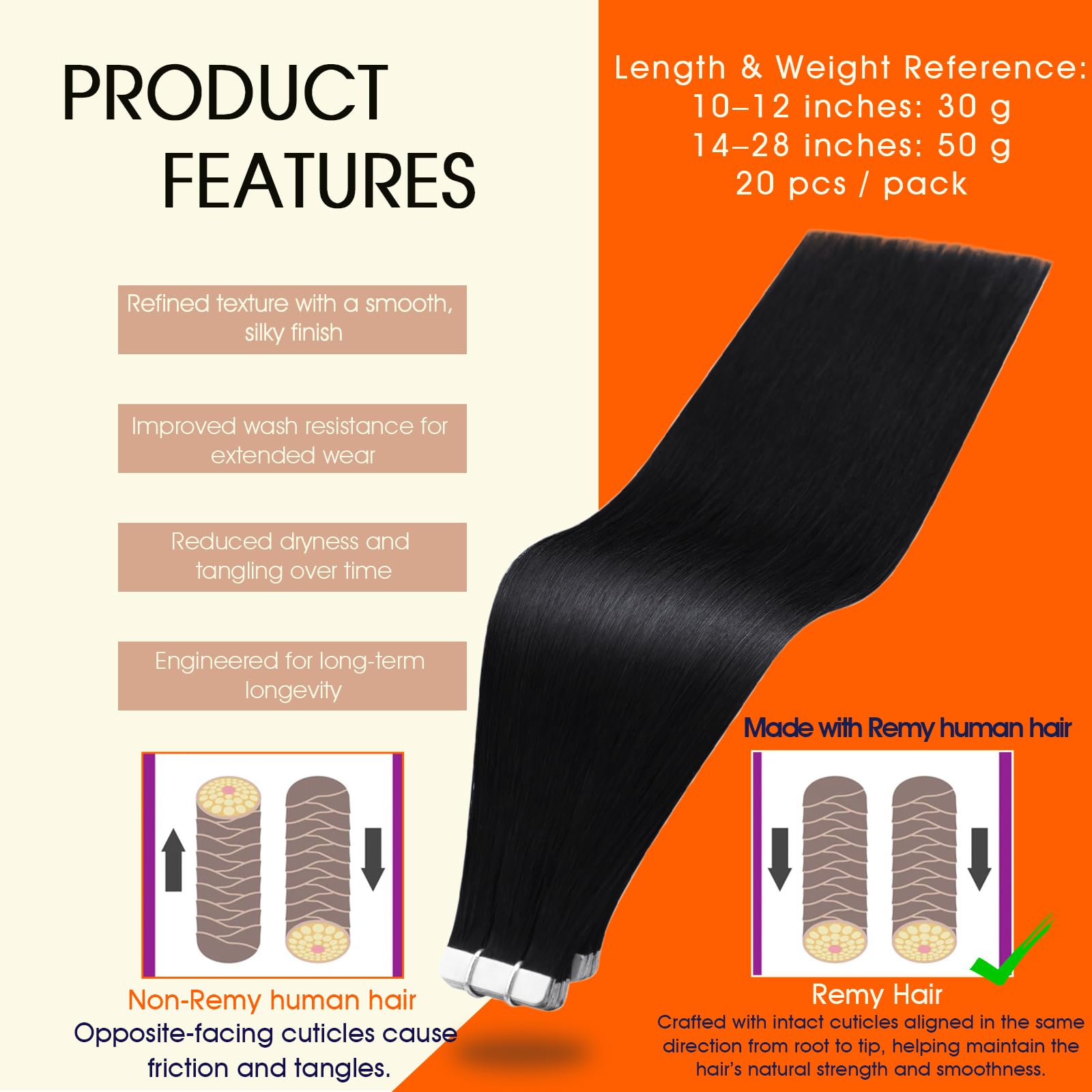 Close-up of the seamless skin weft adhesive tape on the premium straight Remy extensions.