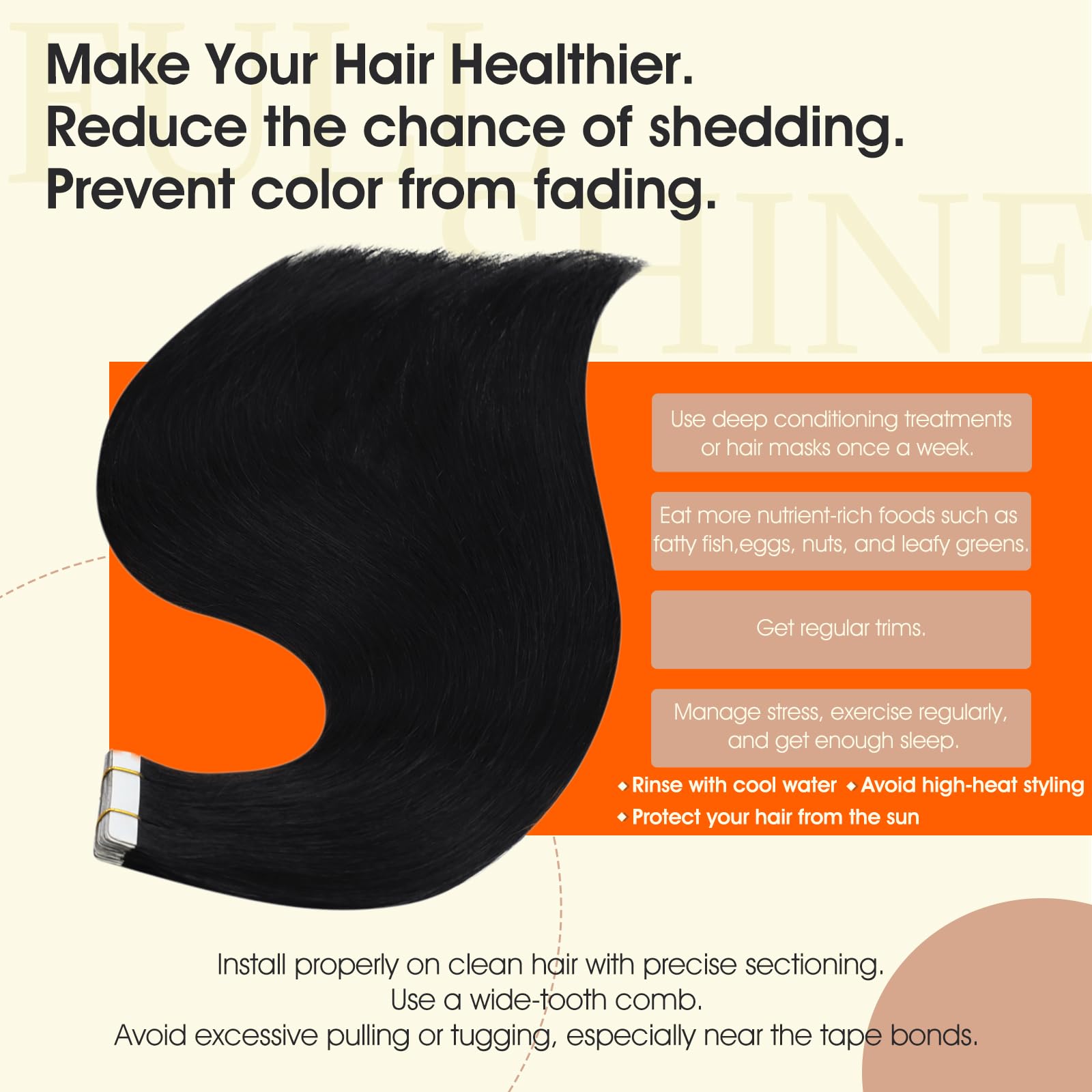 Full Shine hair extensions showing the thick ends and silky straight texture of the hair.