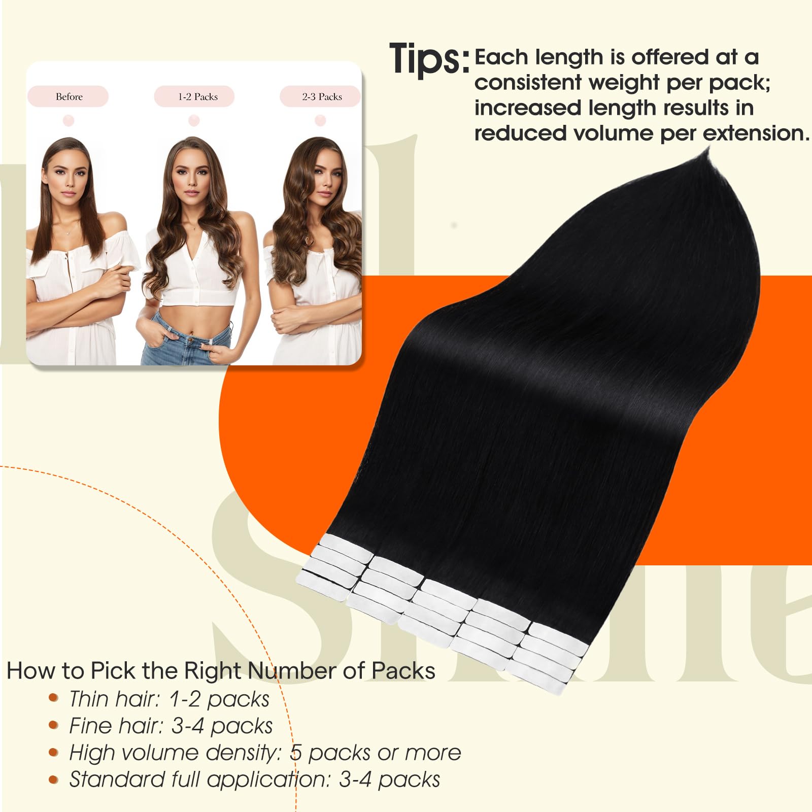 Side view of the twenty pieces package layout demonstrating the lightweight premium hair wefts.