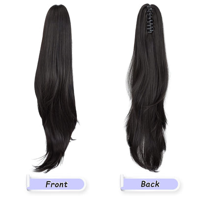 Side profile of the 24-inch matte silk synthetic ponytail attachment for volume enhancement.