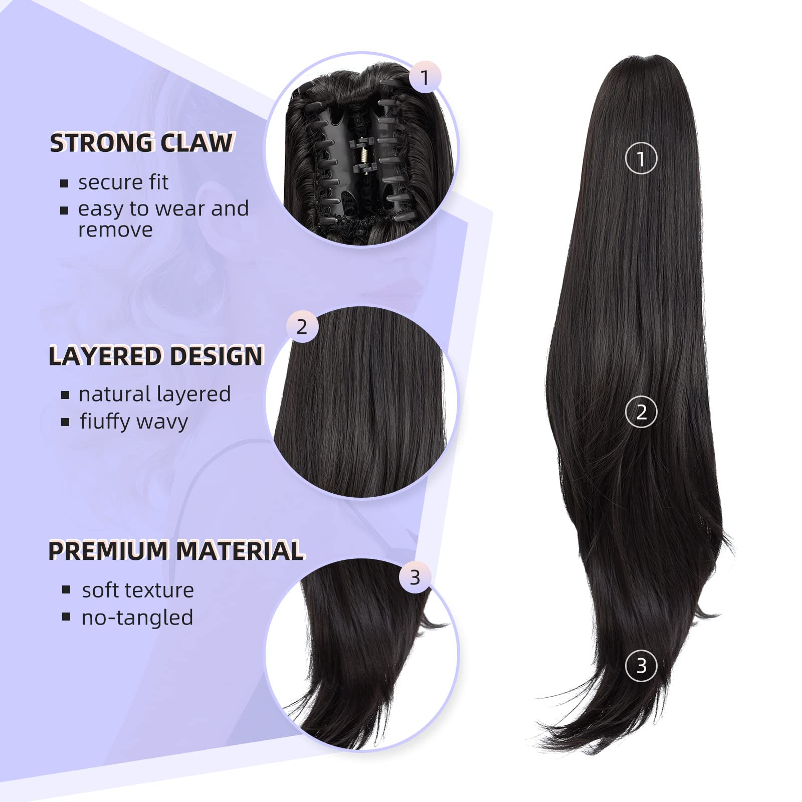 Step-by-step application view of the claw clip ponytail being attached to a hair bun.