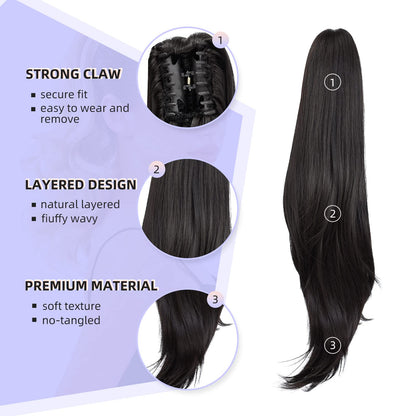 Step-by-step application view of the claw clip ponytail being attached to a hair bun.