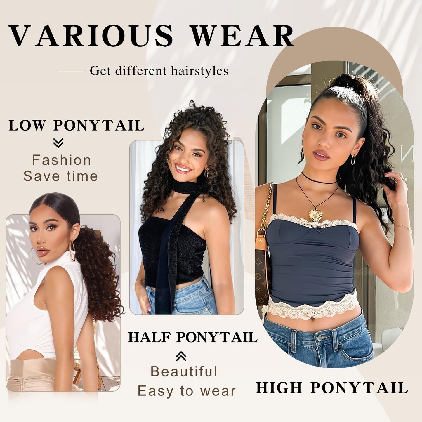 SHNMIN 18 inch curly hairpiece displaying the secure internal combs and adjustable drawstring mechanism.
