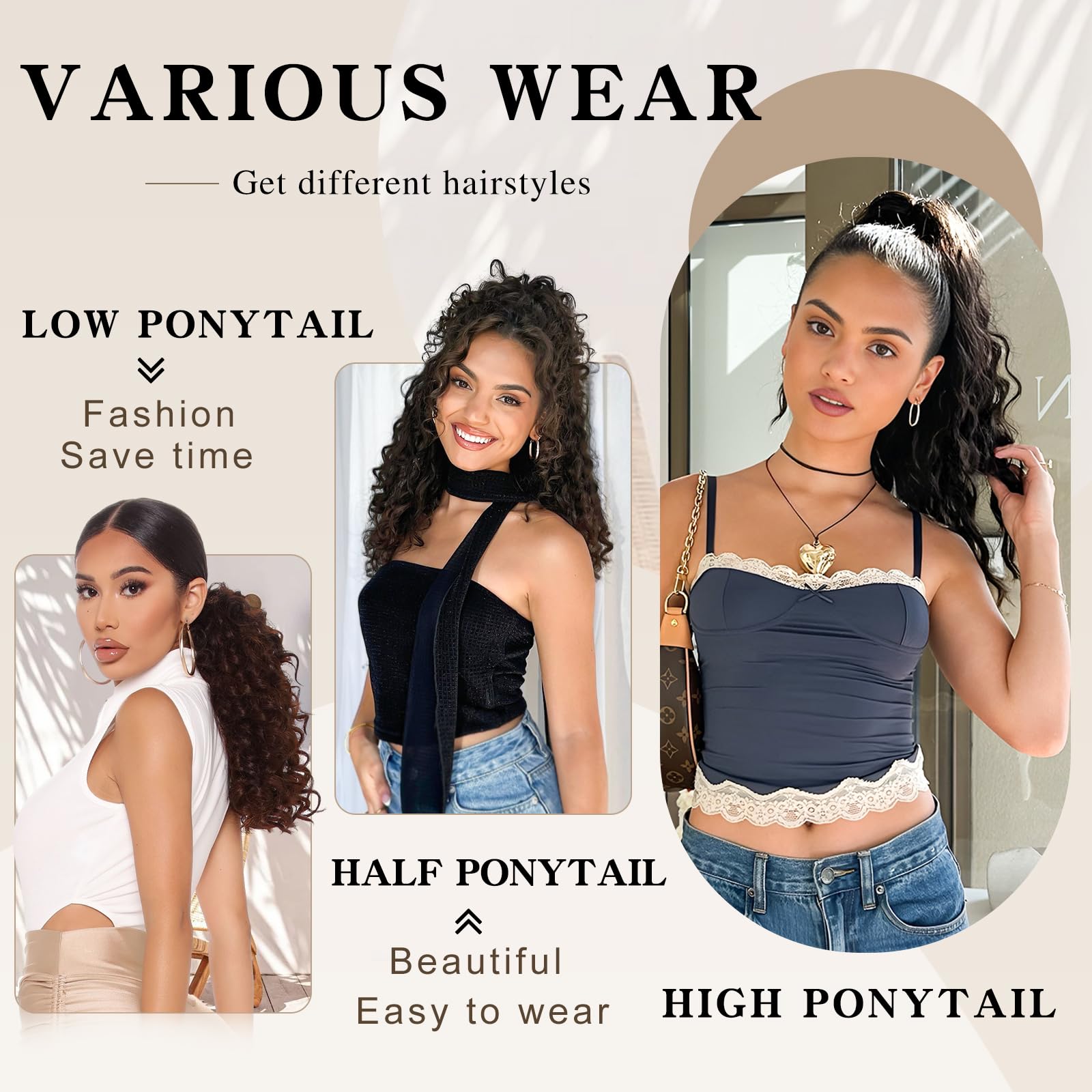 SHNMIN 18 inch curly hairpiece displaying the secure internal combs and adjustable drawstring mechanism.