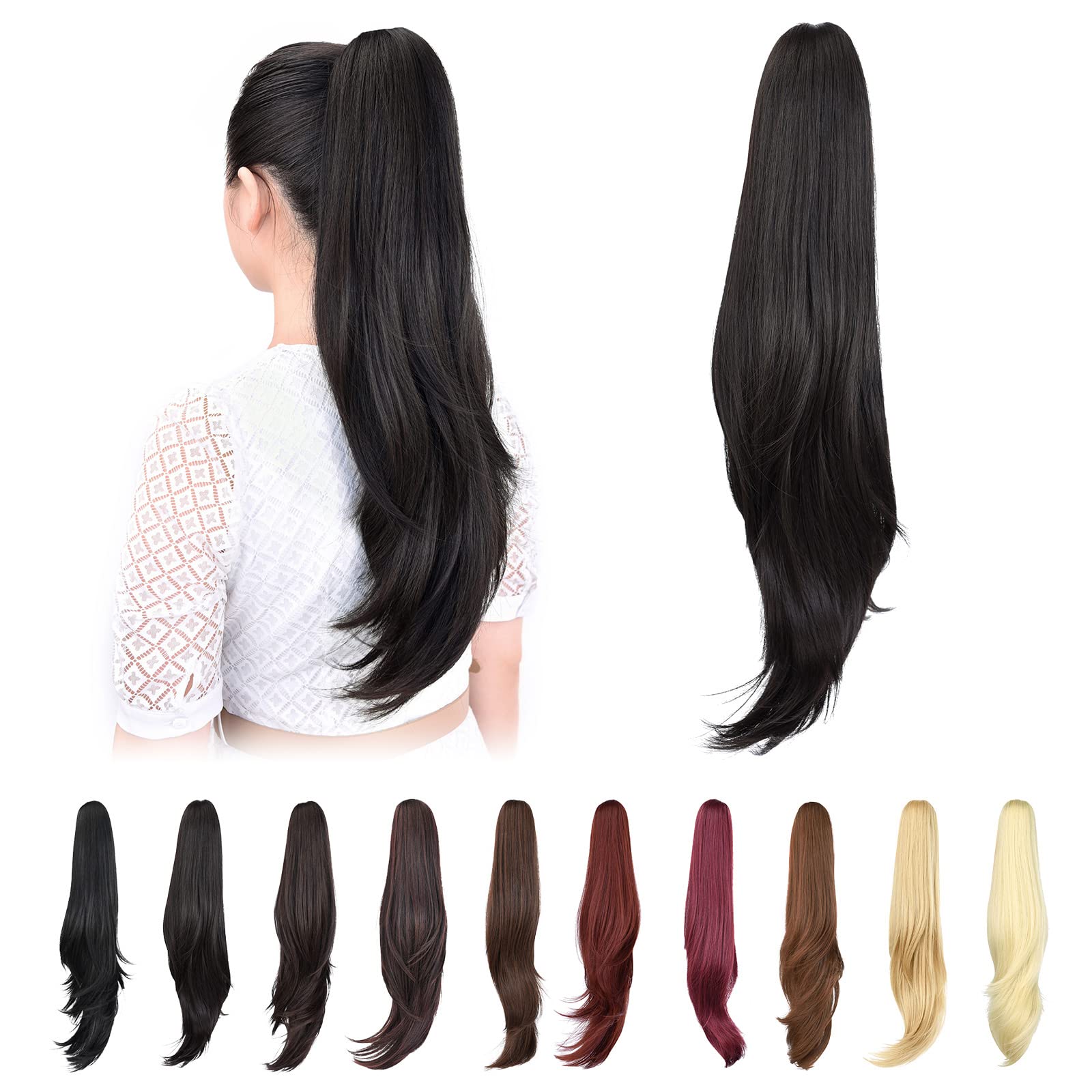 Full length view of the smooth glossy finish of the MoonEyes straight ponytail extension.