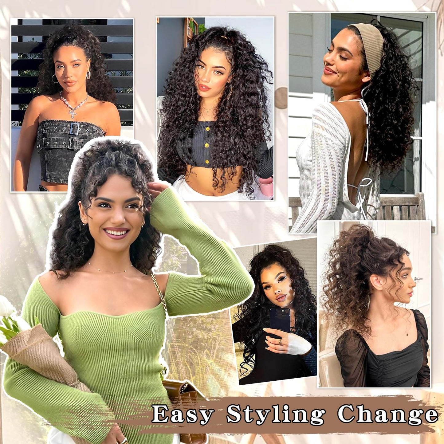 Side profile of a model wearing the SHNMIN natural black curly drawstring ponytail for daily styling.