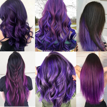 Close-up of the easy-to-use snap clip attachment on the purple colored hair extension streak.