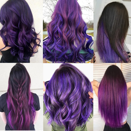 Close-up of the easy-to-use snap clip attachment on the purple colored hair extension streak.