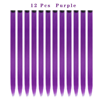 Side view of a girl wearing the 22 inch purple clip in highlights blended with dark hair.