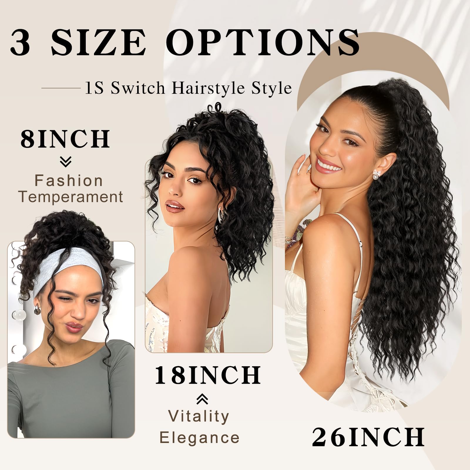 Back view of the multi layered long curly wavy ponytail extension by SHNMIN blending with dark hair.