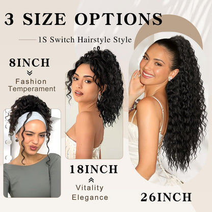 Back view of the multi layered long curly wavy ponytail extension by SHNMIN blending with dark hair.