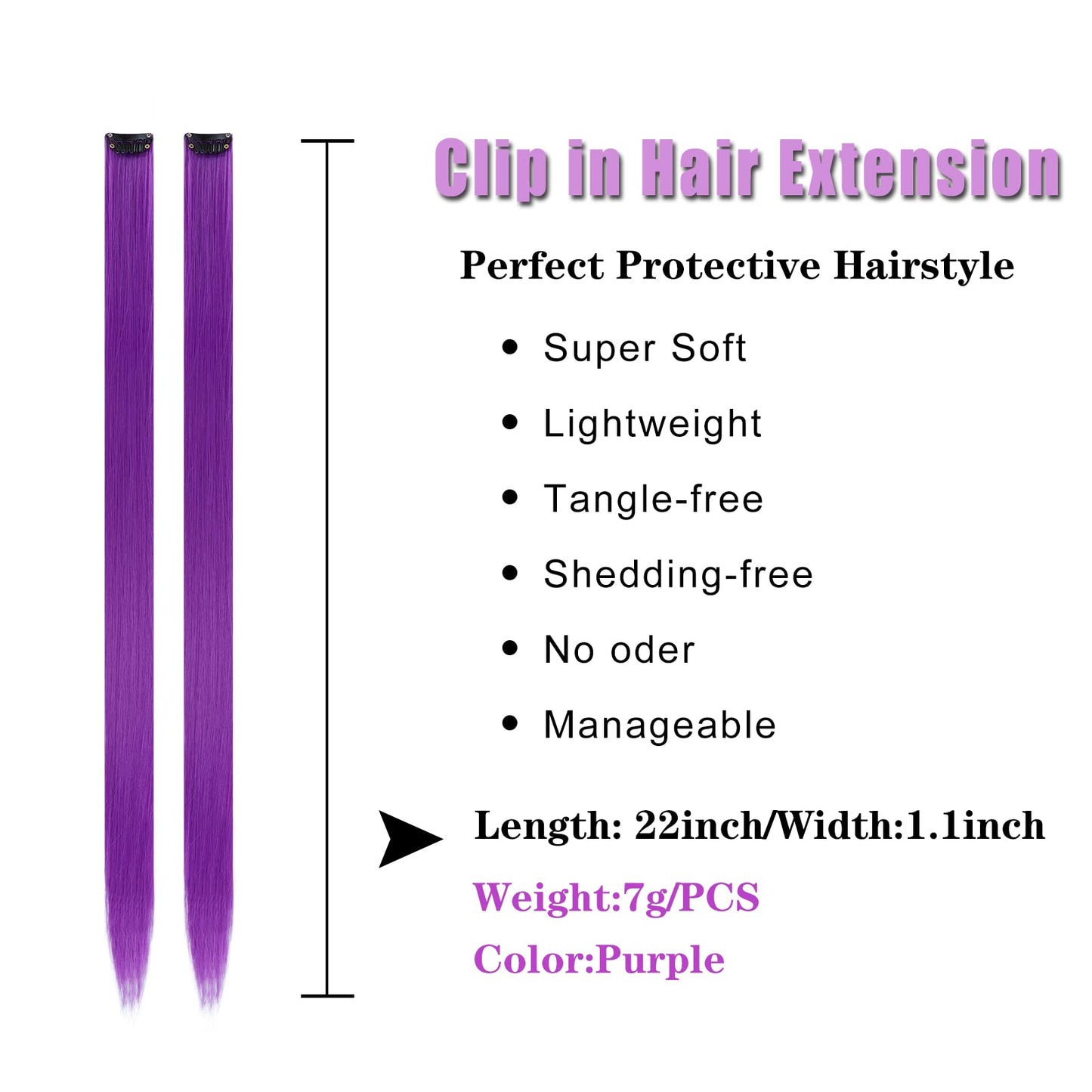 The complete 12 piece pack of YISIKUNNUO straight purple synthetic hair extensions laid out flat.