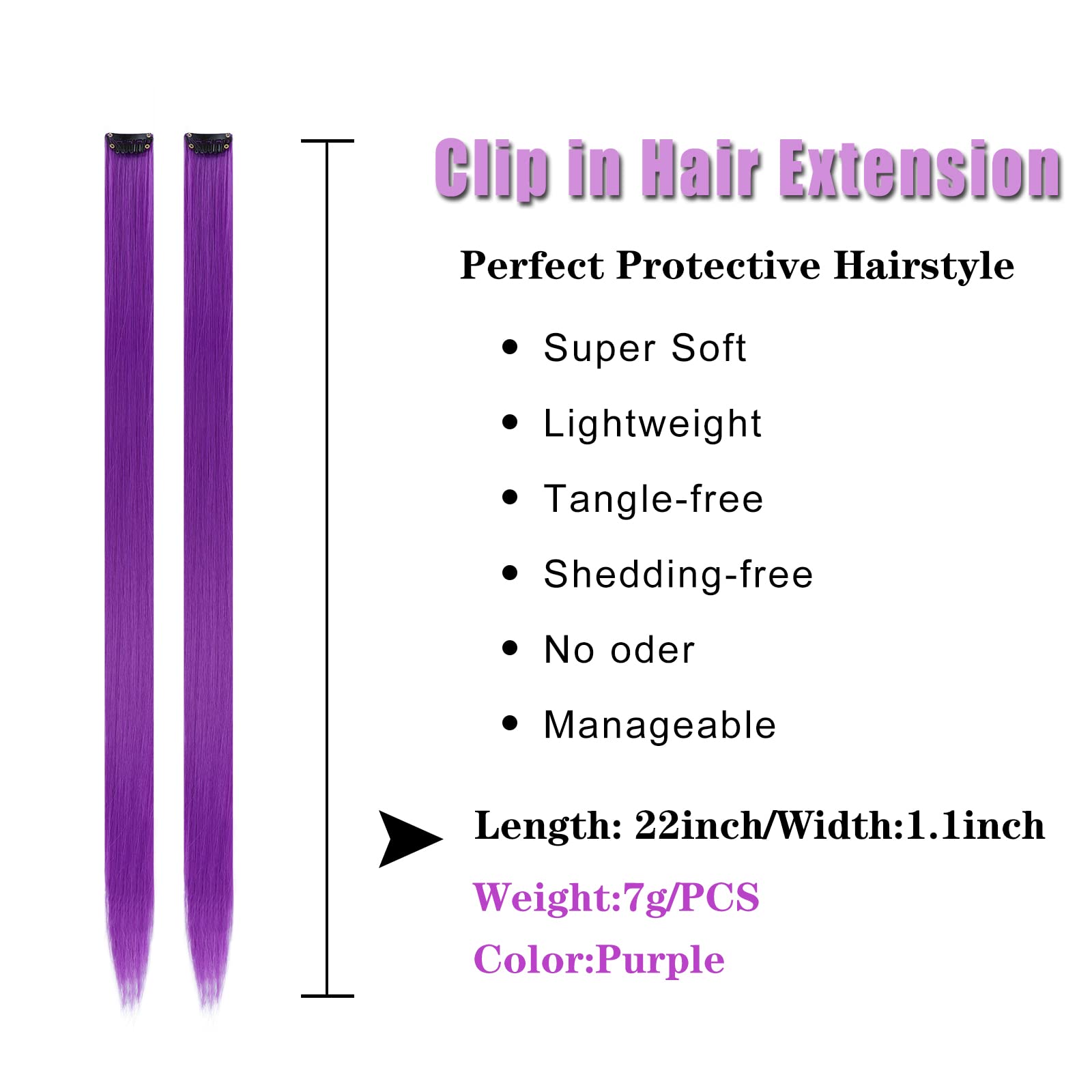 The complete 12 piece pack of YISIKUNNUO straight purple synthetic hair extensions laid out flat.
