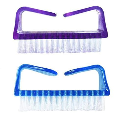 Purple handle grip fingernail scrubber brush close up view
