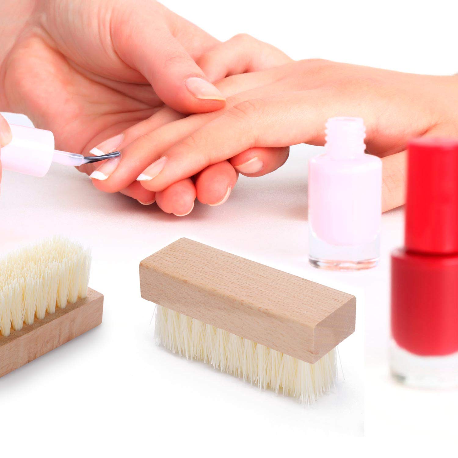 Four pieces of LoveBB premium wooden fingernail cleaner brushes arranged neatly on a clean background
