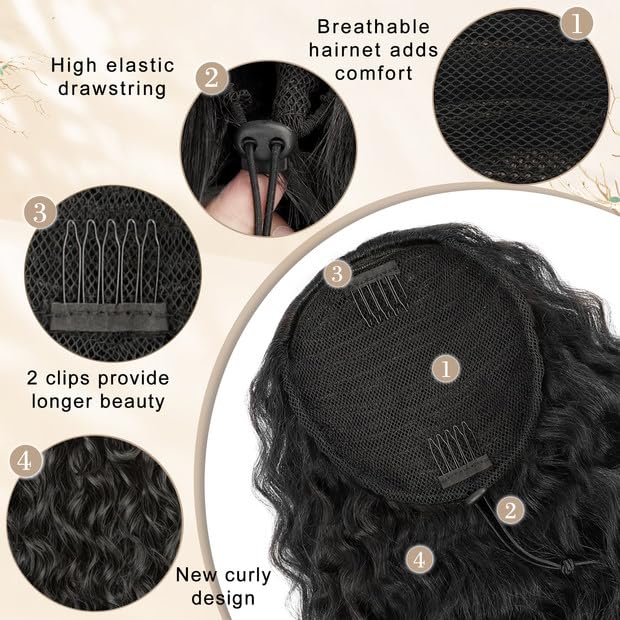 Step by step application visual demonstrating how to secure the drawstring ponytail over a natural bun.