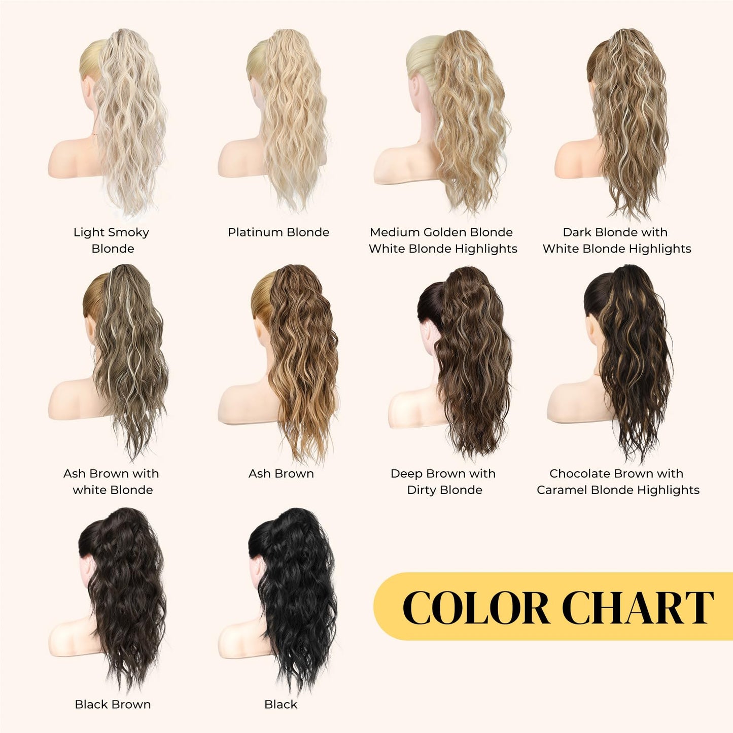 Packaging layout of the LONAI ponytail extension showing the full length wavy curls