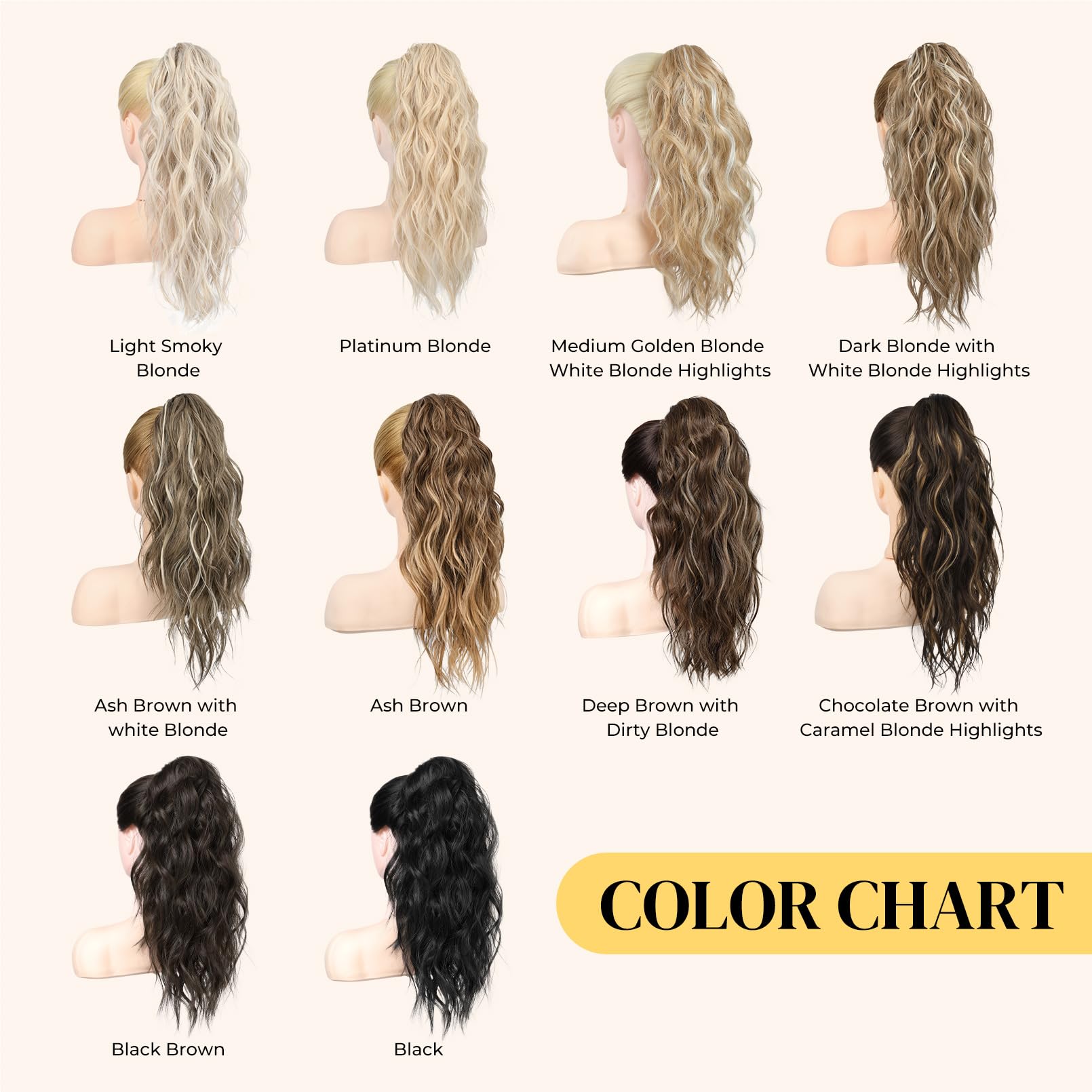 Packaging layout of the LONAI ponytail extension showing the full length wavy curls
