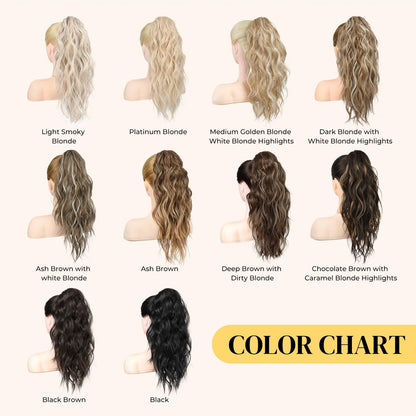 Packaging layout of the LONAI ponytail extension showing the full length wavy curls