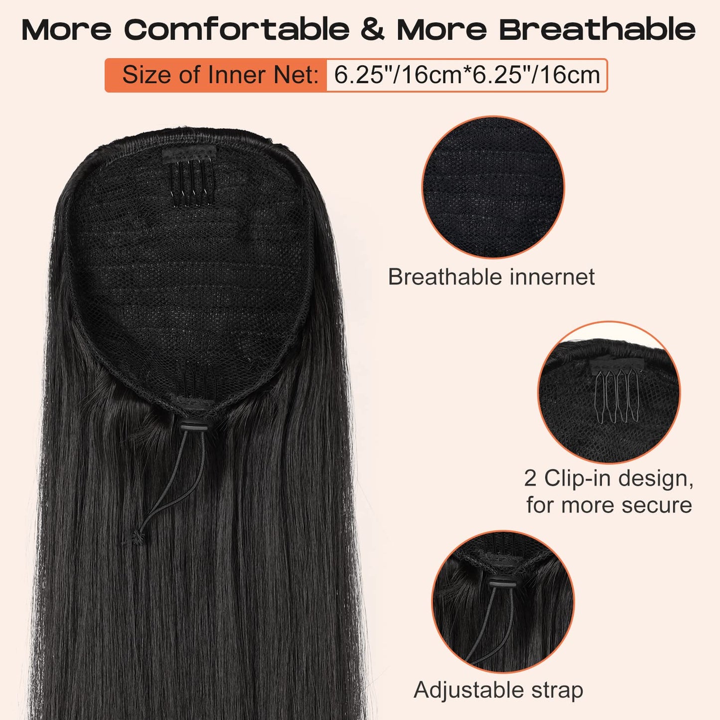 Close up view of the adjustable drawstring mechanism on the SEIKEA black brown hairpiece