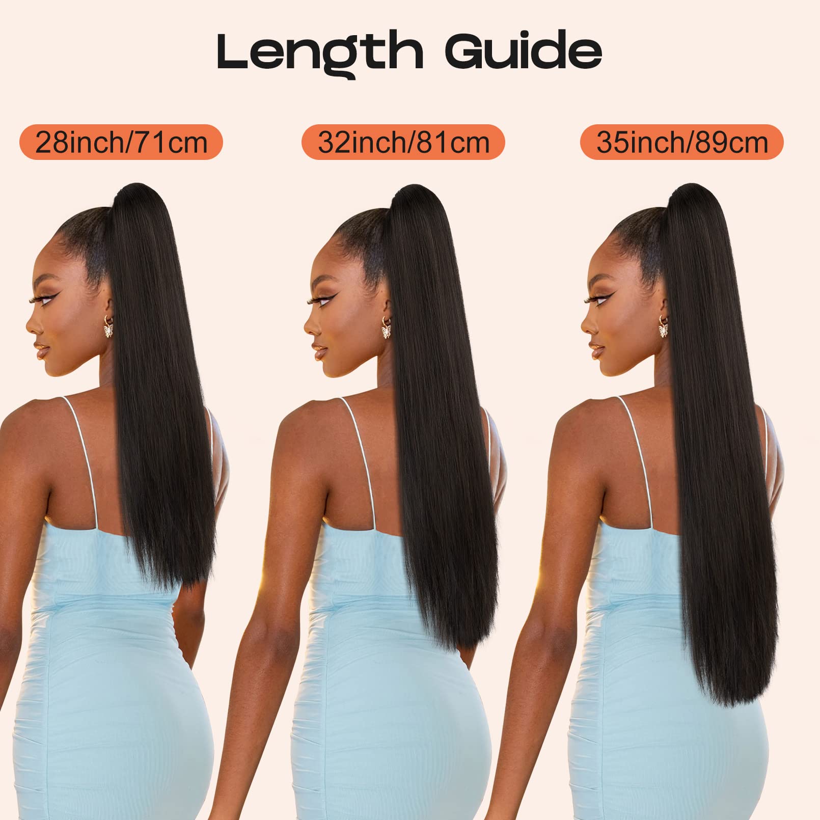 Side profile of a sleek straight twenty eight inch long artificial pony tail extension look