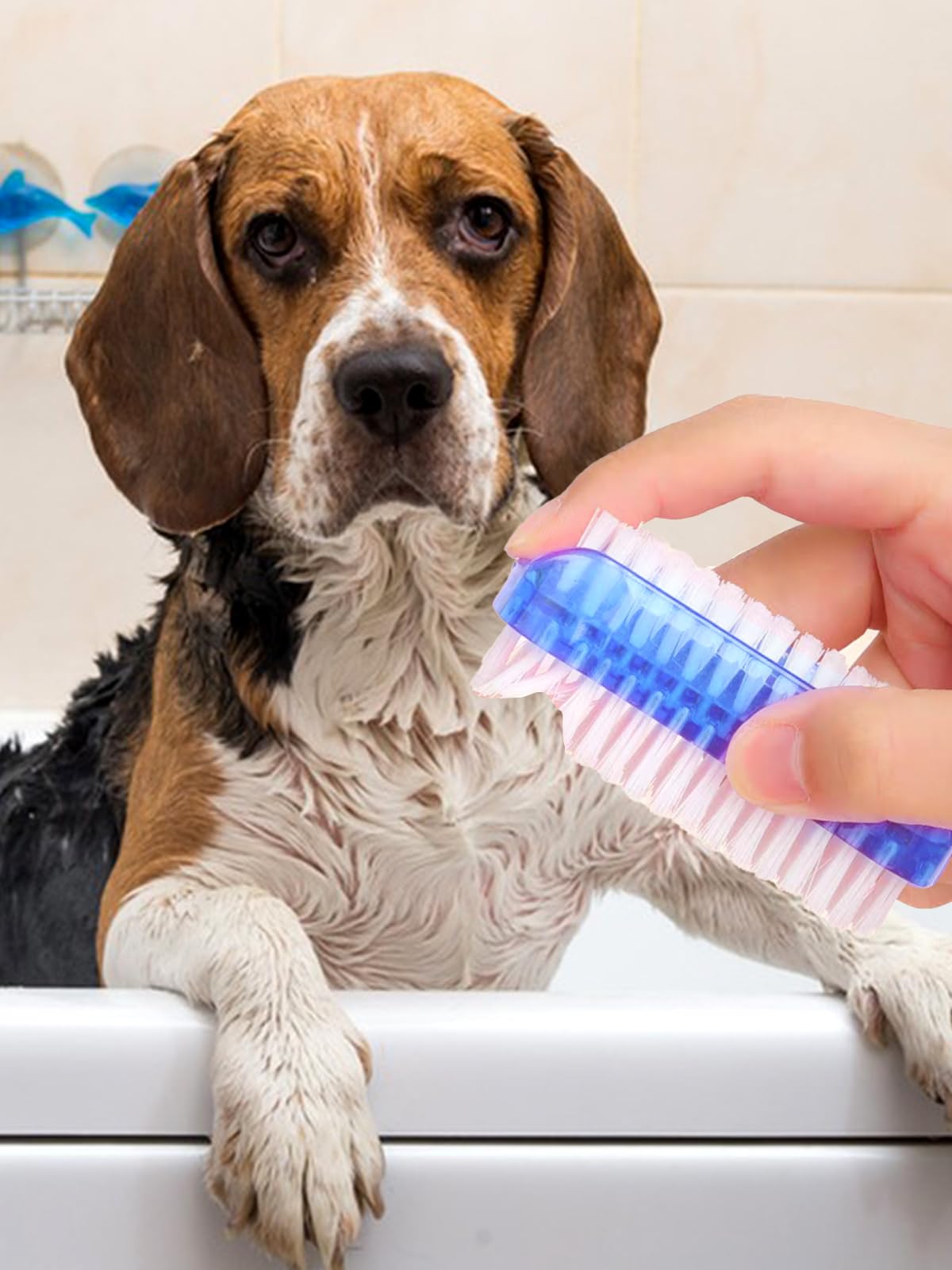 Durable dual sided hand and toe cleaning brush being used for personal hygiene
