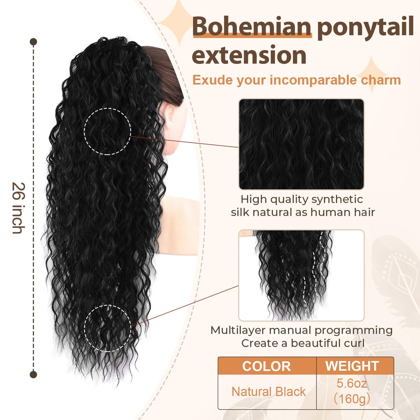 Flufymooz 26 Inch drawstring hair extension in natural black displayed to show wave texture.
