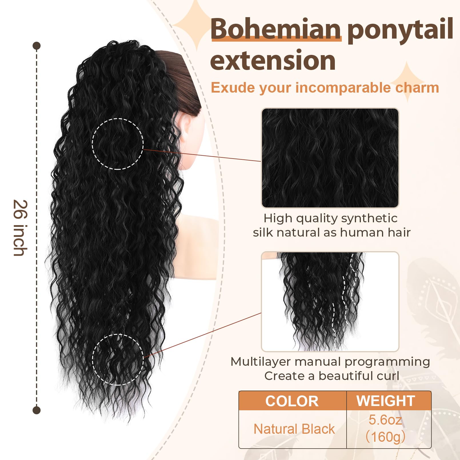 Flufymooz 26 Inch drawstring hair extension in natural black displayed to show wave texture.