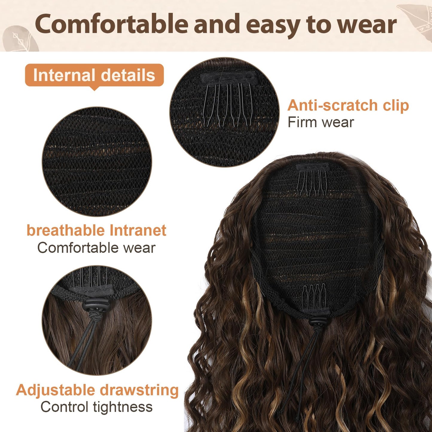 Close up look at the inner net and adjustable drawstring mechanism of the Flufymooz hairpiece.