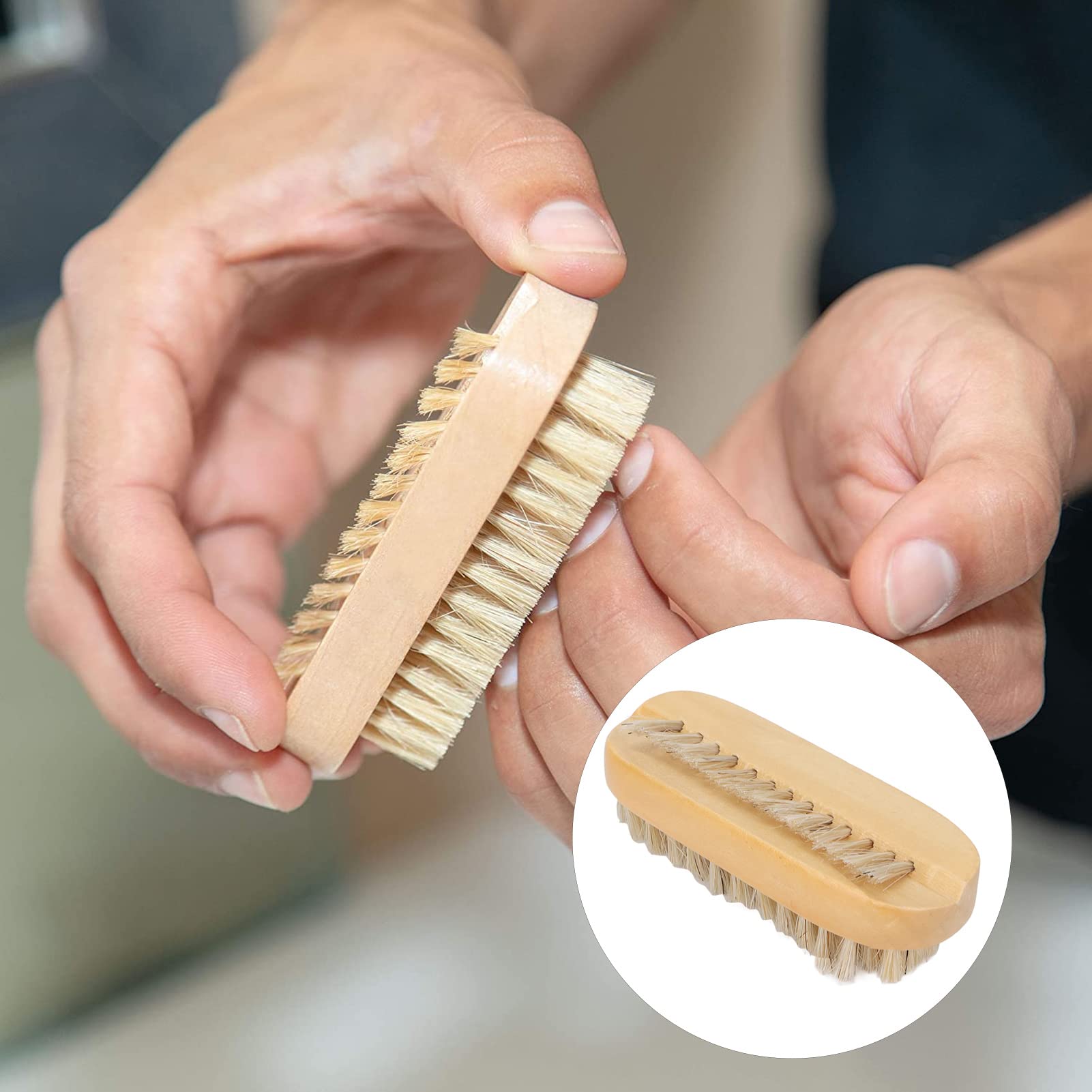 Close up shot of the reverse side of the multifunctional fingernail scrubber showing the bristle alignment for deep cleaning.