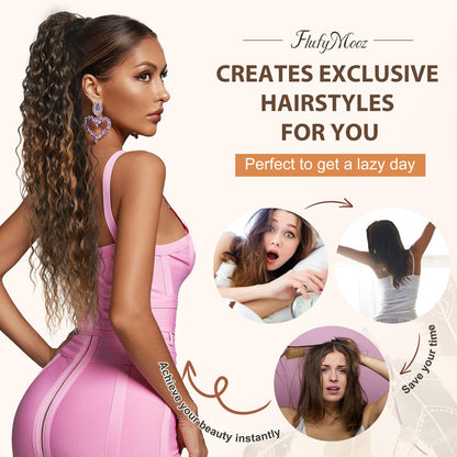 Side view of the long curly wavy synthetic ponytail extension for volume comparison.