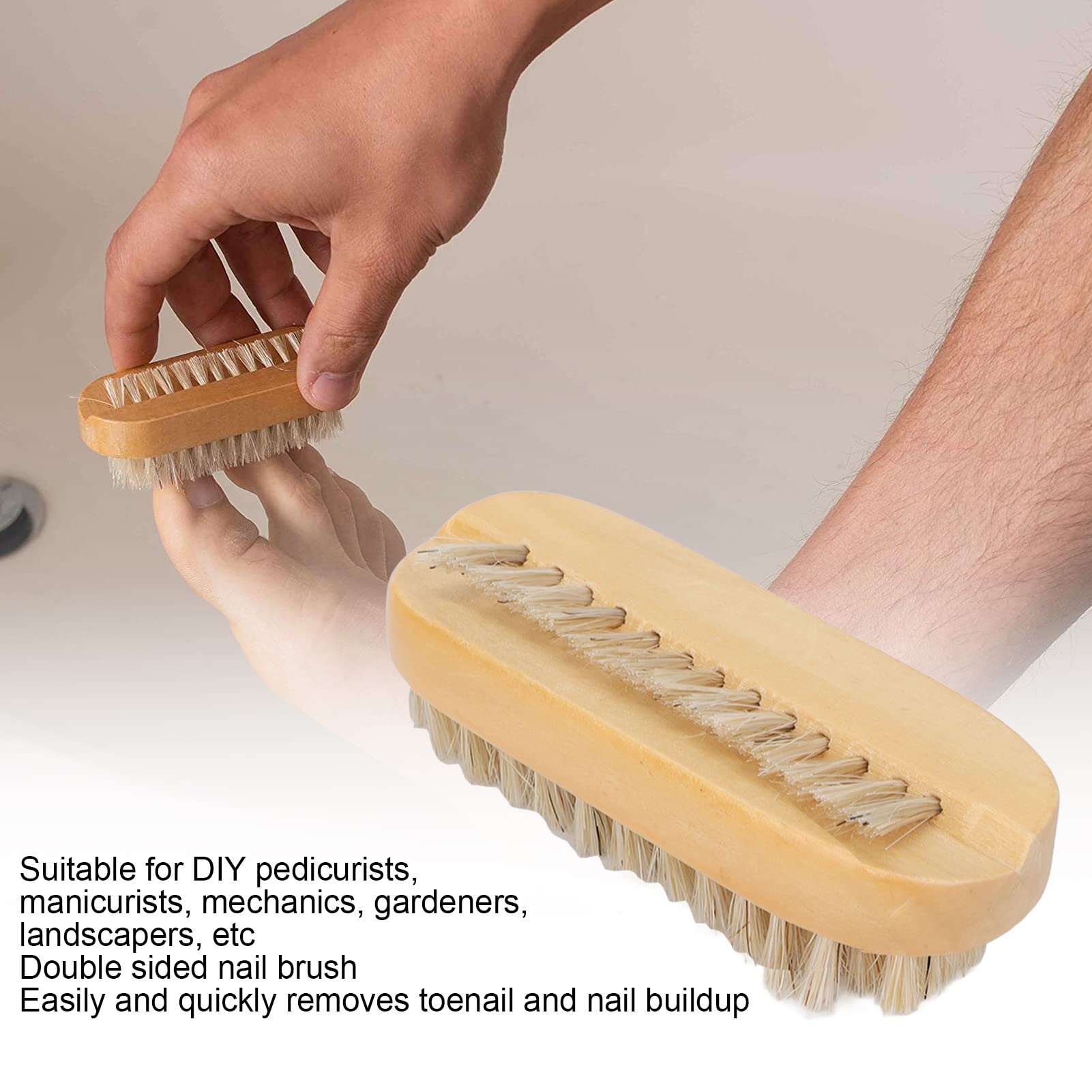 Two-piece view of the dual surface wooden nail brushes demonstrating its compact size and portable design for travel kits.
