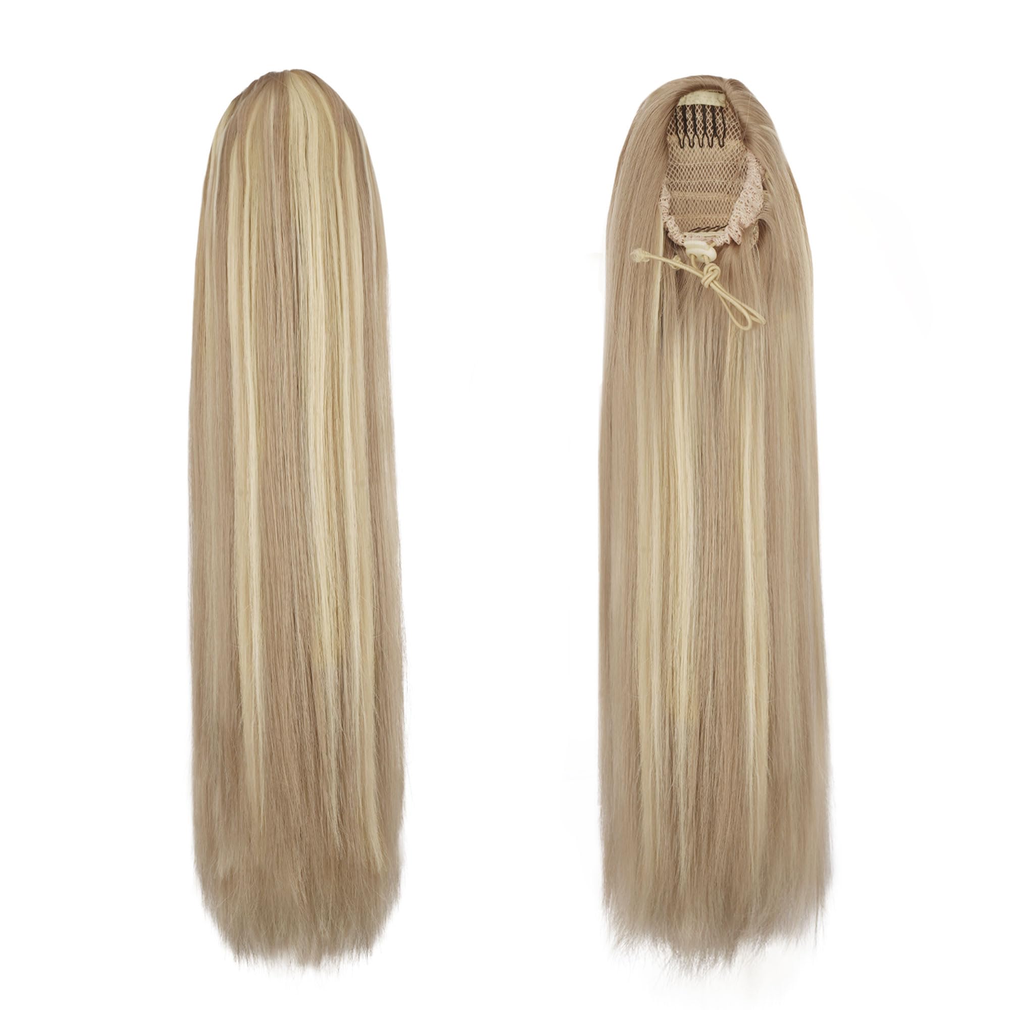 Close up view of the breathable inner mesh and adjustable drawstring clips on the BARSDAR sixteen inch ponytail
