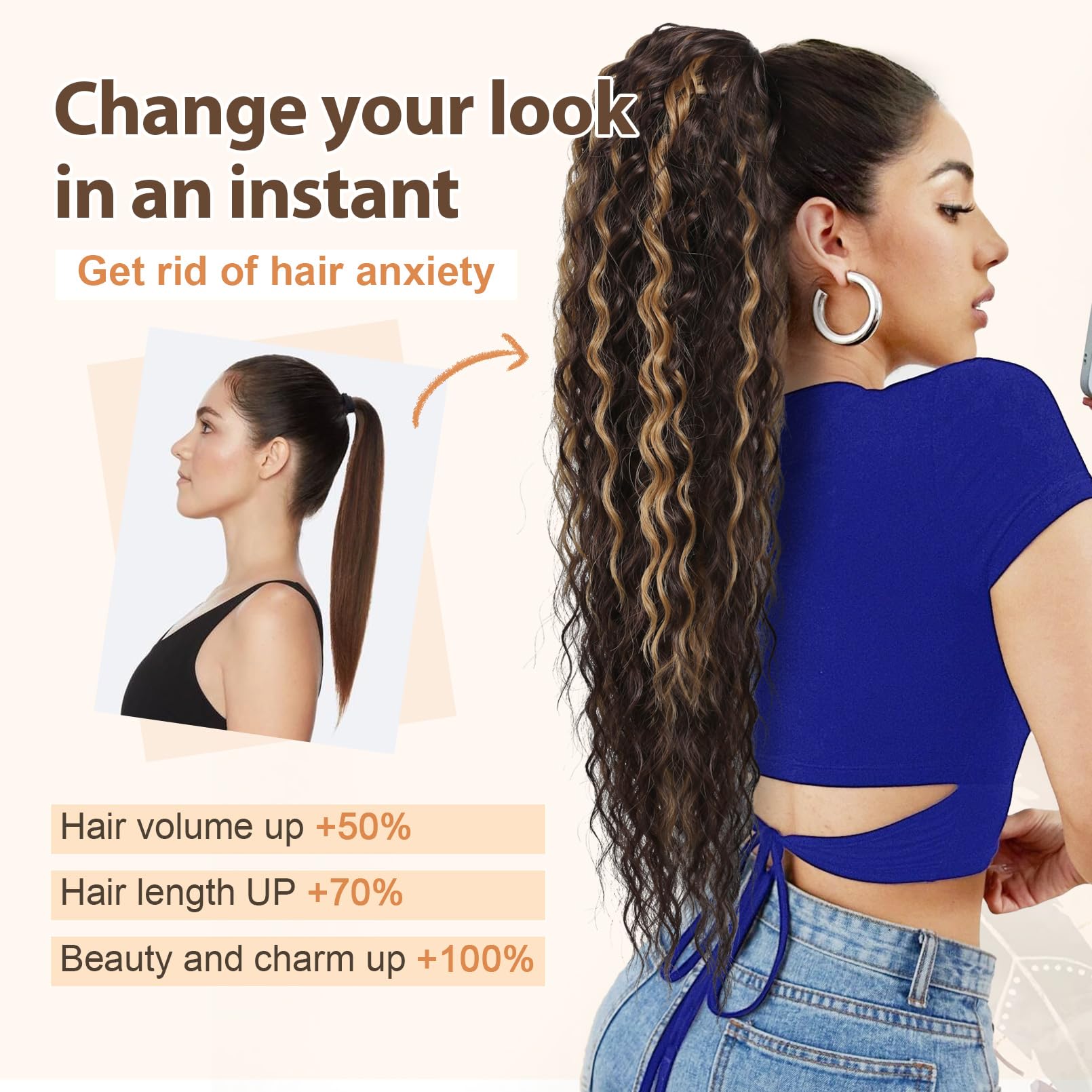 Natural black synthetic ponytail extension spread out to demonstrate the twenty-six inch length.
