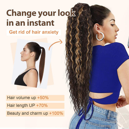 Natural black synthetic ponytail extension spread out to demonstrate the twenty-six inch length.