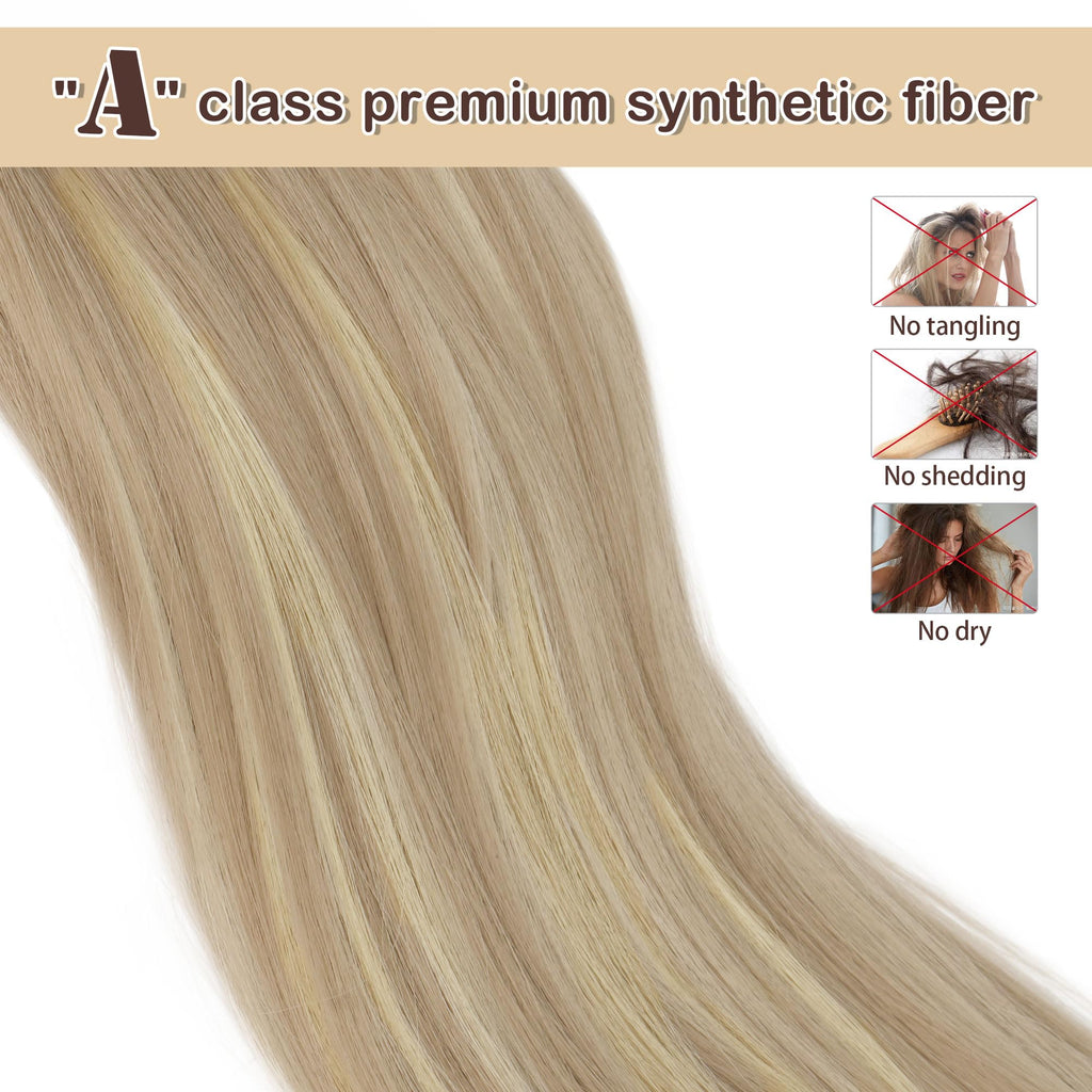 Step by step application guide showcasing how to secure the synthetic straight fake ponytail extension