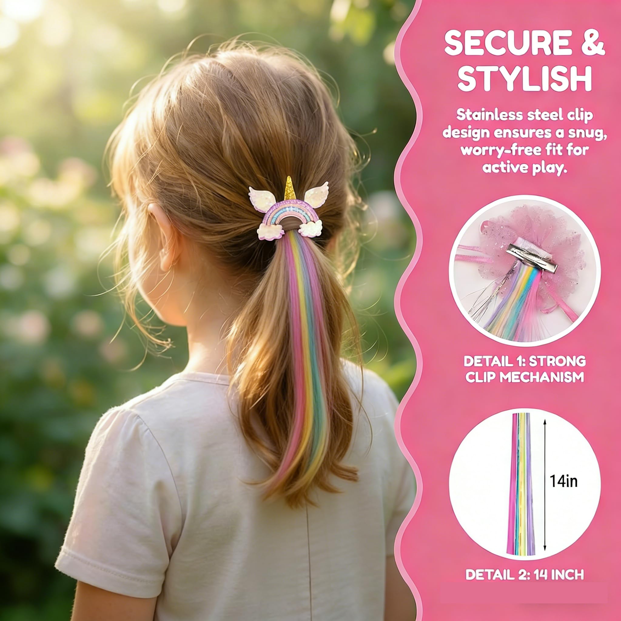 Close up of Little World 14 inch gradient colored synthetic hair clips for girls.