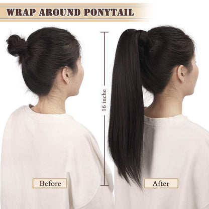 Back view of the sixteen inch straight ponytail extension demonstrating natural volume and seamless hair blending