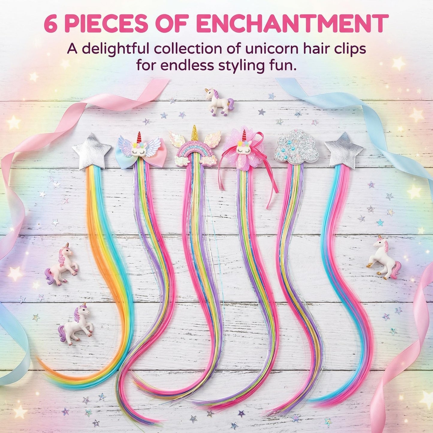Side view of Little World colorful synthetic hair strands blending into long hair.
