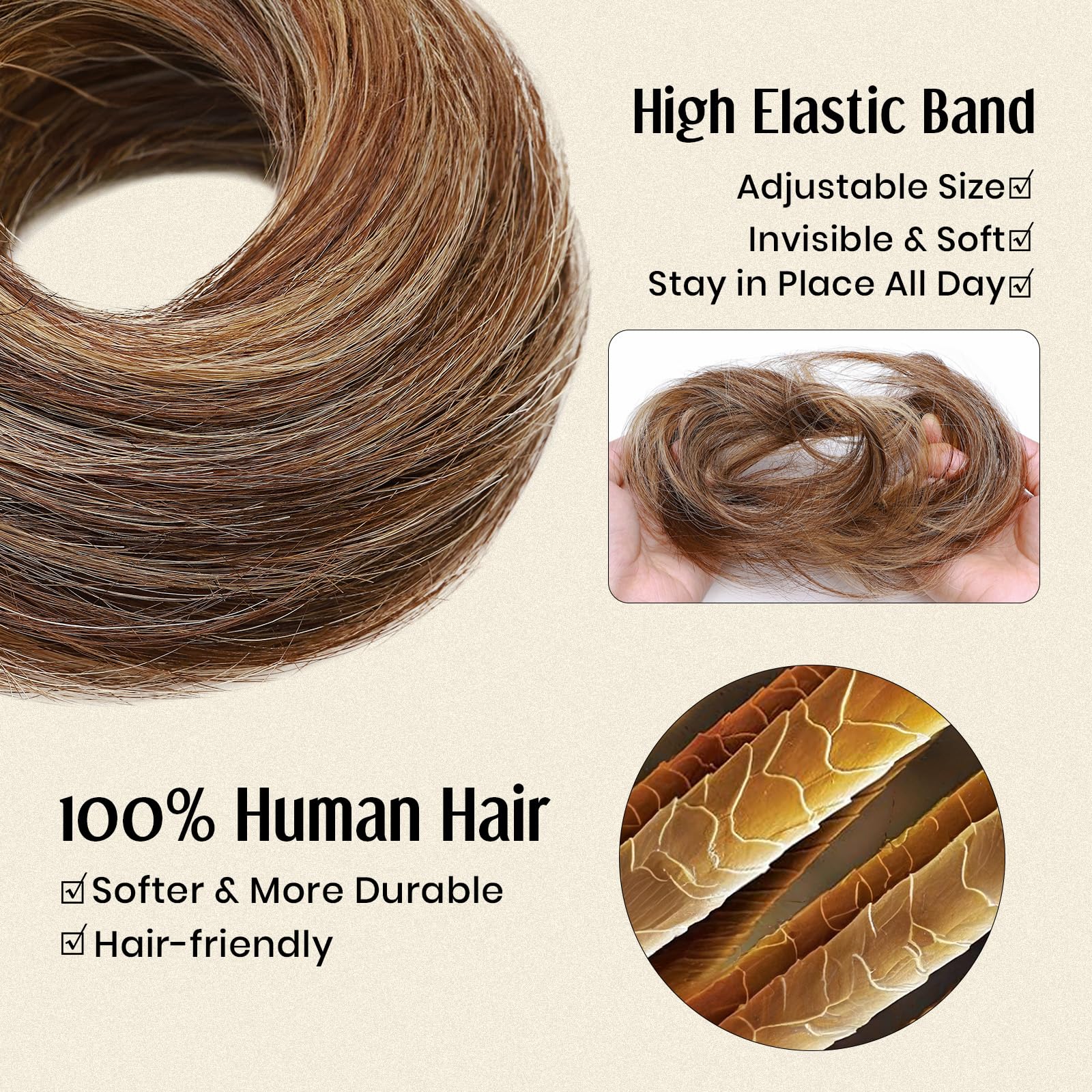 Real human hair chignon extension in medium brown and dark blonde tones.